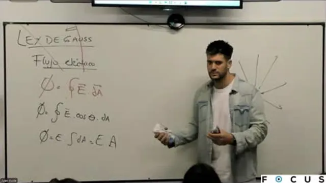 Juan explicando ley de gauss en el pizarrón