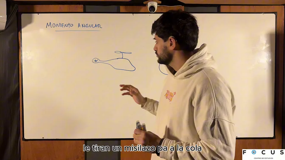 Juan explicando momento angular en el pizarrón