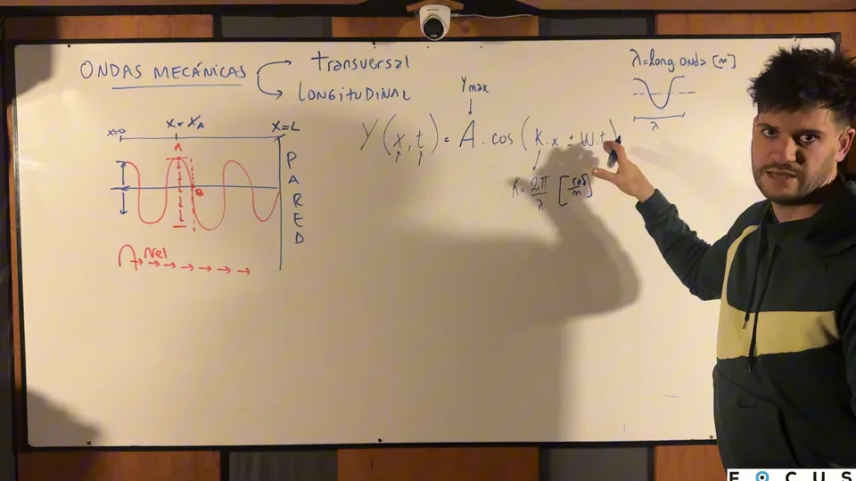 Juan explicando ondas mecánicas en el pizarrón